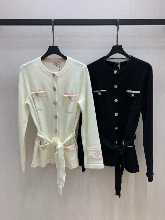 Contrast-Color Belted Knit Cardigan