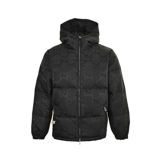 Dark pattern jacquard canvas hooded down jacket