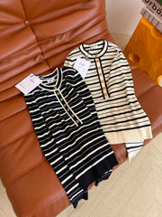 Long-sleeve color-block striped knit top