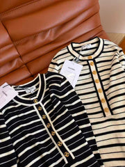 Long-sleeve color-block striped knit top