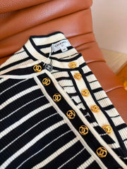 Long-sleeve color-block striped knit top