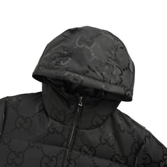 Dark pattern jacquard canvas hooded down jacket