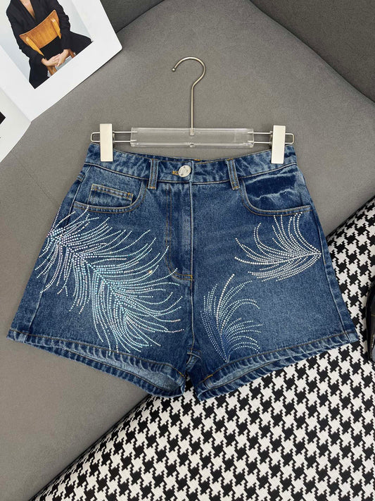 Feather pattern rhinestone shorts