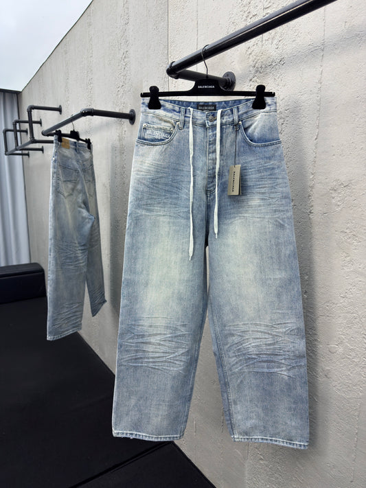 Drawstring washed wrinkled straight jeans