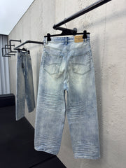 Drawstring washed wrinkled straight jeans