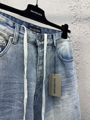 Drawstring washed wrinkled straight jeans