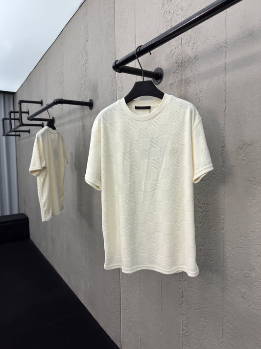 Checkerboard embroidered wool short sleeves