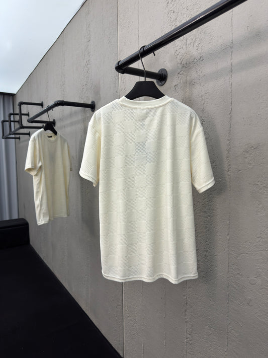 Checkerboard embroidered wool short sleeves