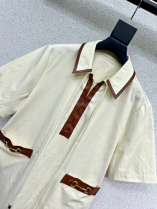 Leather patchwork short-sleeved dress