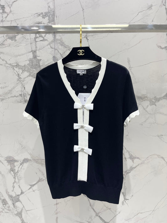 Bow Colorblock V-Neck Knit Cardigan