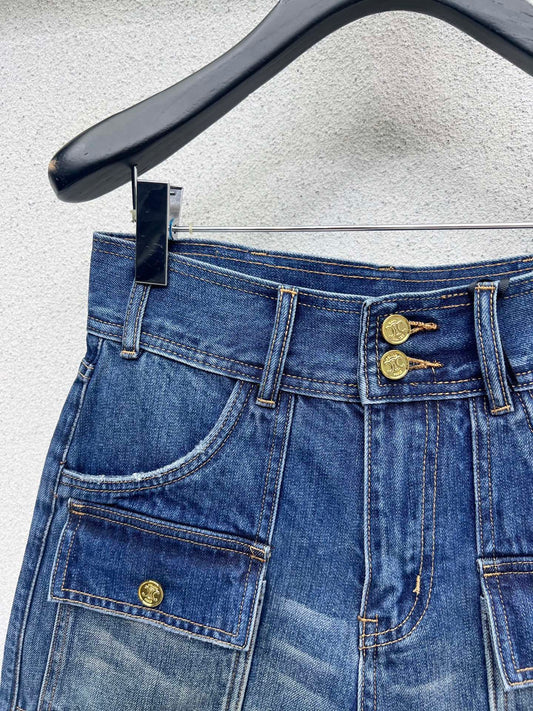 High waist belt loop pocket decorated denim shorts