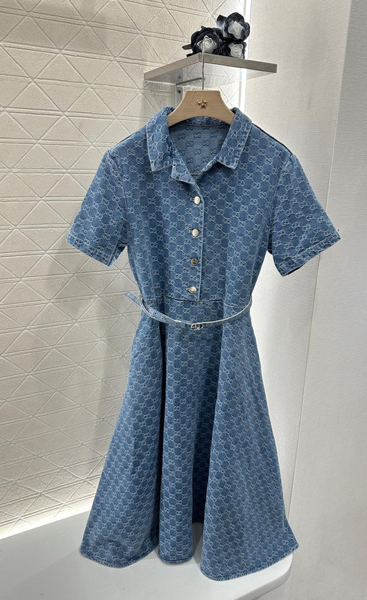 Belt jacquard denim dress