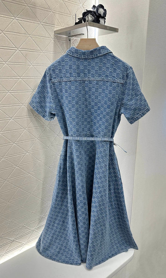 Belt jacquard denim dress