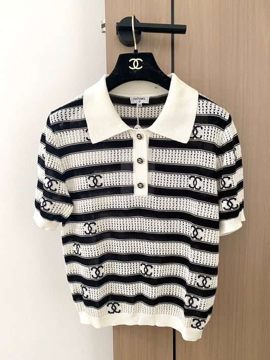 Striped lapel short sleeves