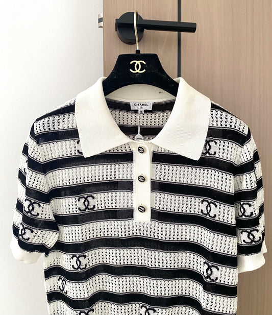 Striped lapel short sleeves