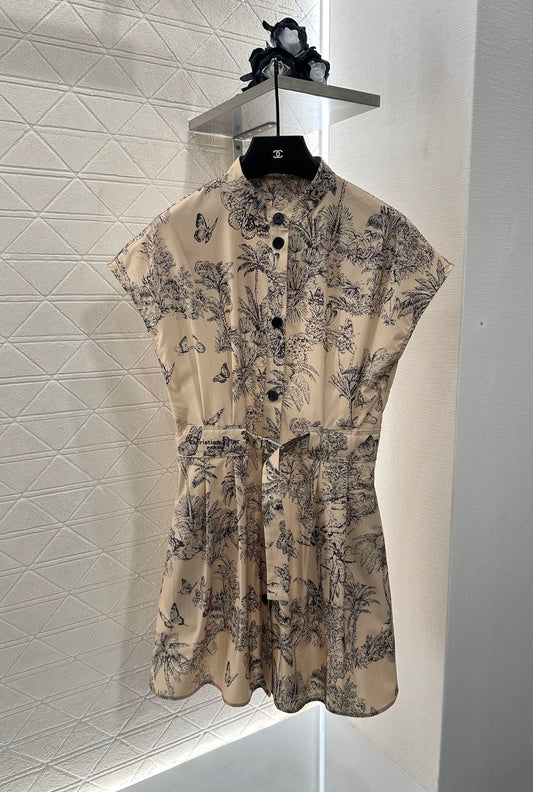 Lapel wide sleeve printed dress