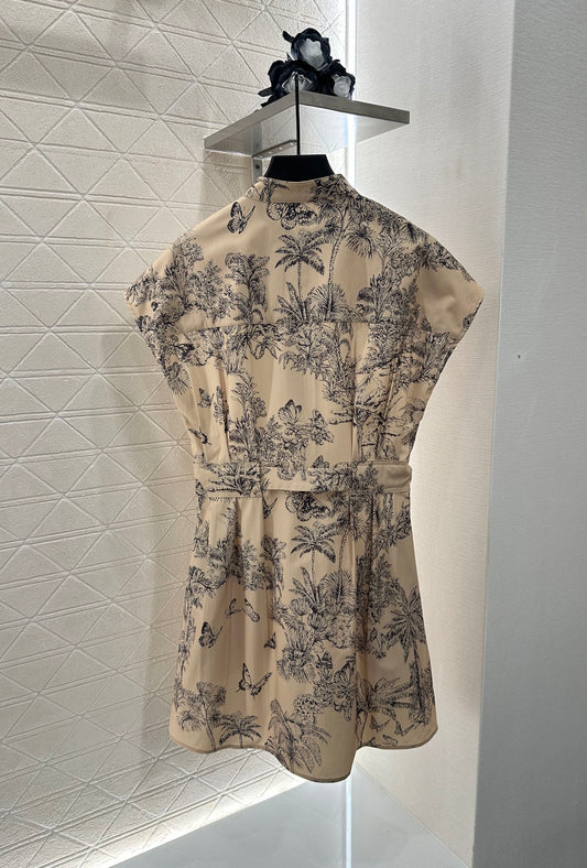 Lapel wide sleeve printed dress