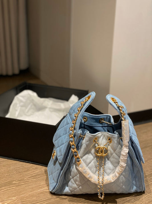 Drawstring denim bucket bag