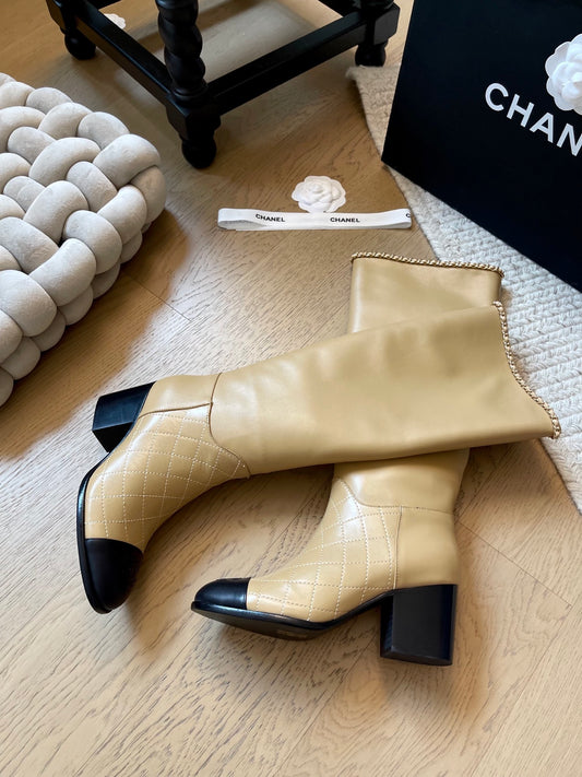 Chain leather chunky heel boots