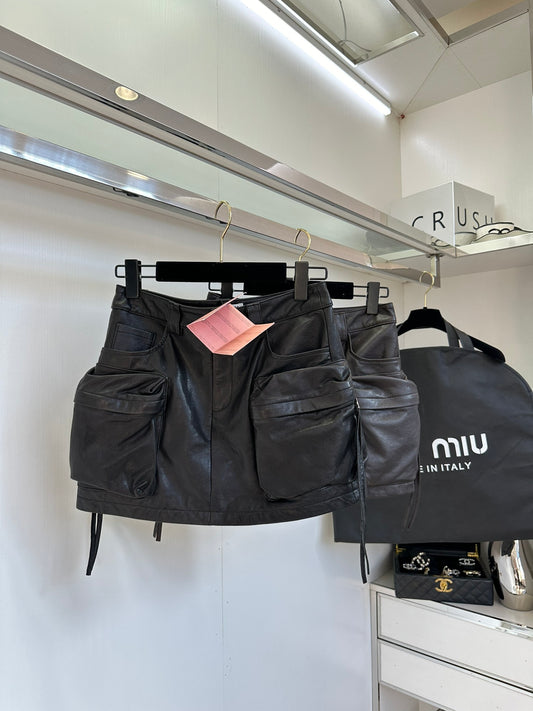 Multi-Pocket Leather Skirt
