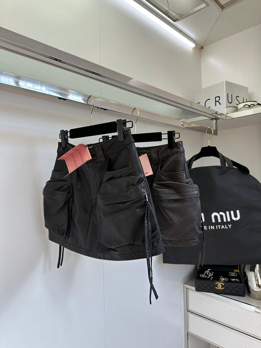 Multi-Pocket Leather Skirt
