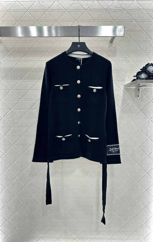 Contrast-Color Belted Knit Cardigan