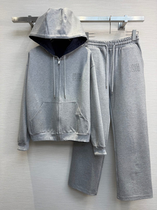 Hooded cardigan and straight-leg pants set