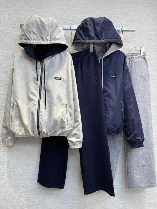 Hooded cardigan and straight-leg pants set