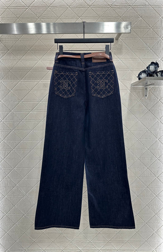 Belted Straight-Leg Denim Pants