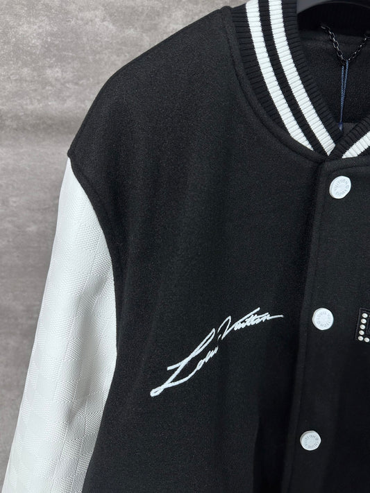 Pearl Faux Leather Sleeve Baseball Jacket