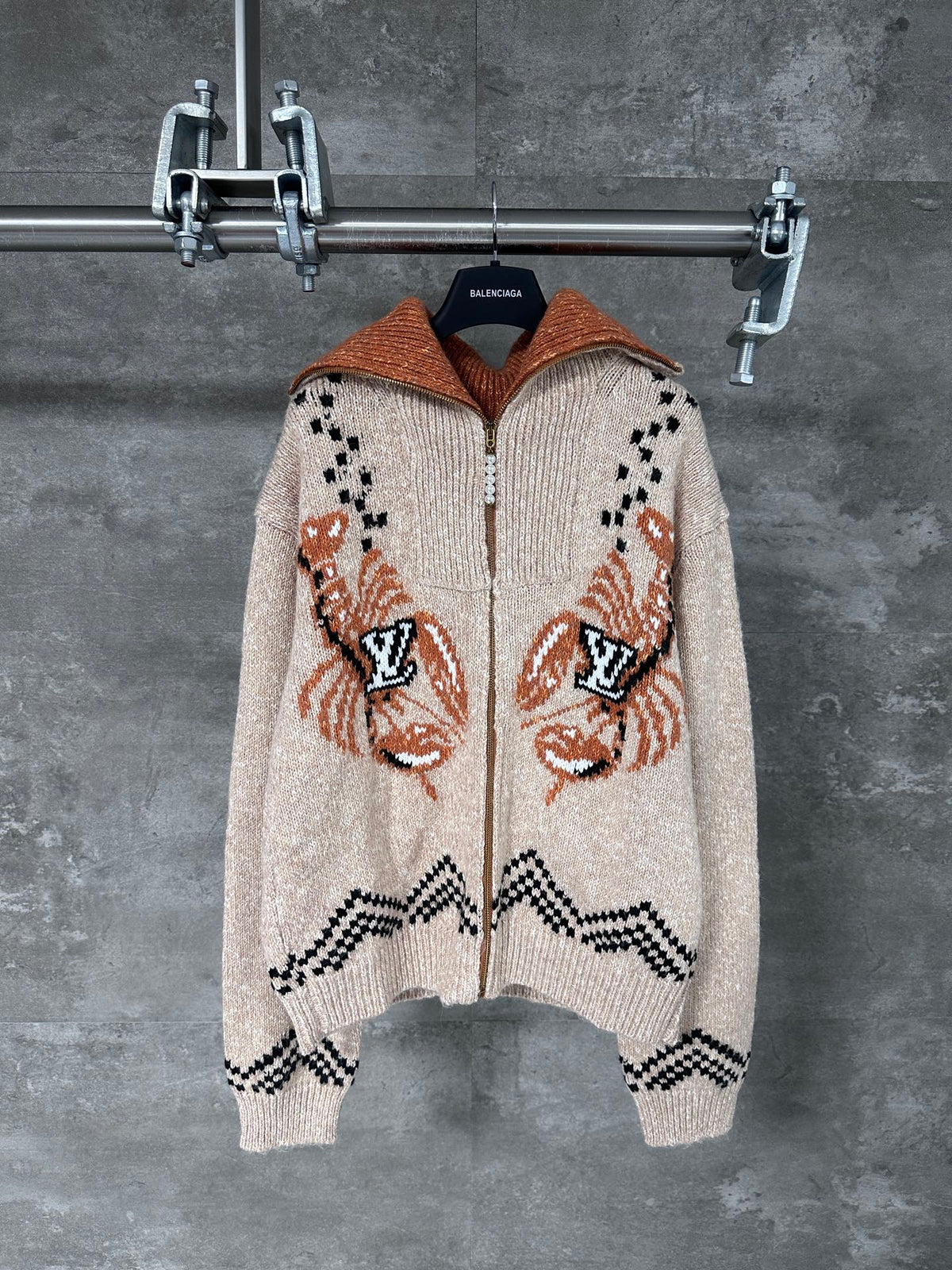 Lobster Patchwork Wool Knit Zipper Jacket