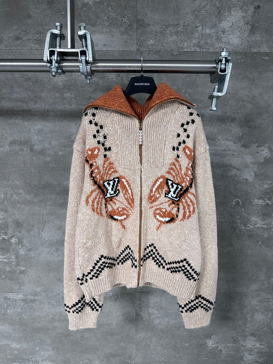 Lobster Patchwork Wool Knit Zipper Jacket