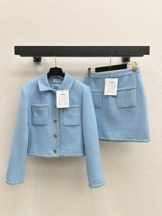 A blue, elegant, woven suit