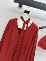 V-neck cardigan + floral hollow knit hat