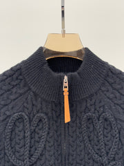 Simple cable-knit leather zipper casual knitted cardigan