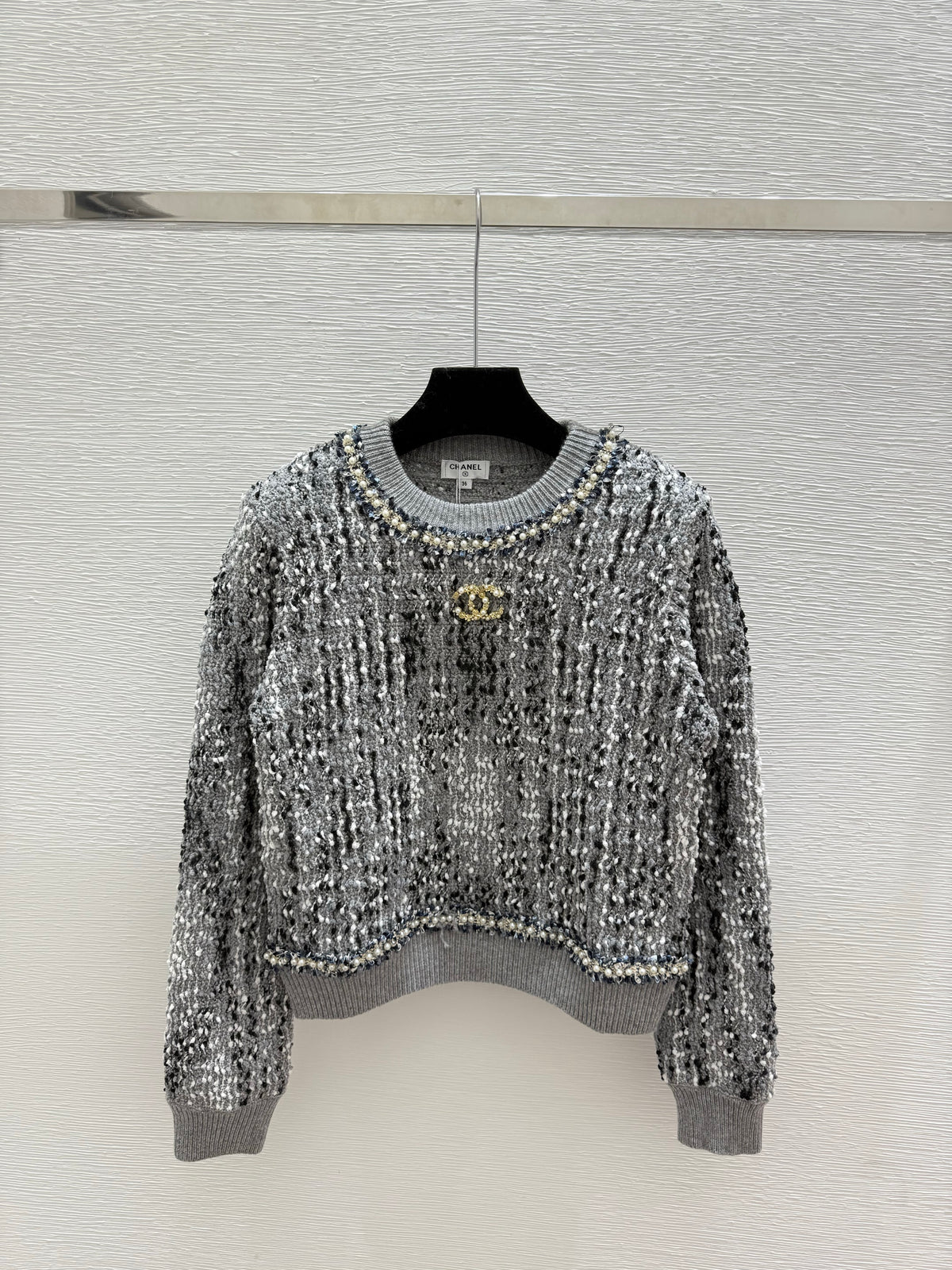 Jacquard beaded round neck knitted long sleeves