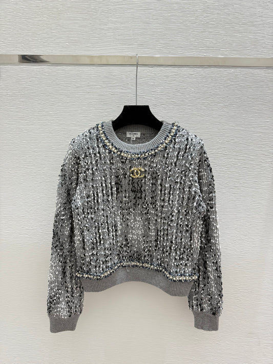 Jacquard beaded round neck knitted long sleeves