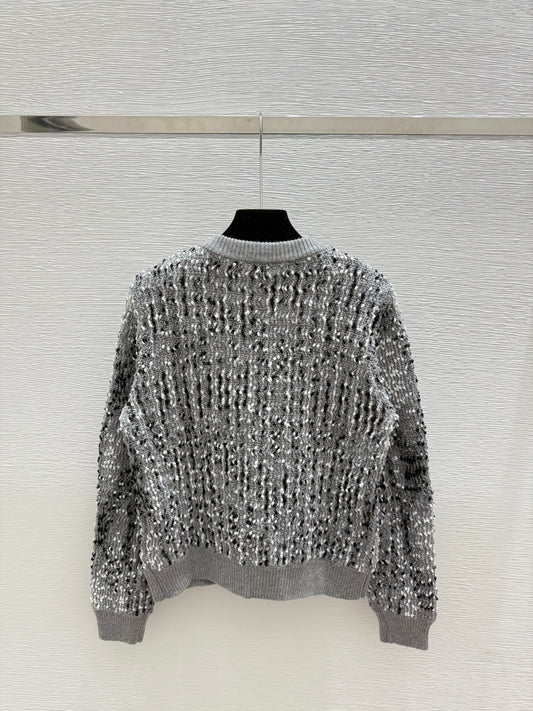 Contrast beaded crew neck knitted long-sleeved cardigan