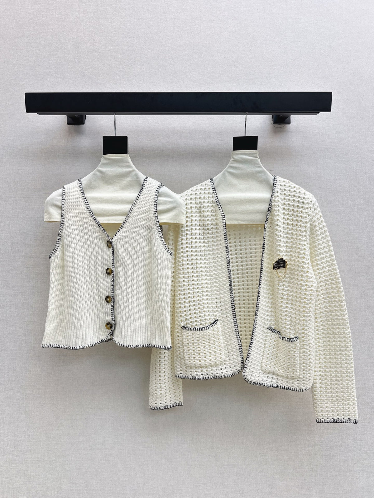 Hollow-knit cardigan two-piece set