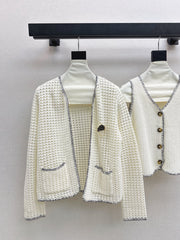 Hollow-knit cardigan two-piece set
