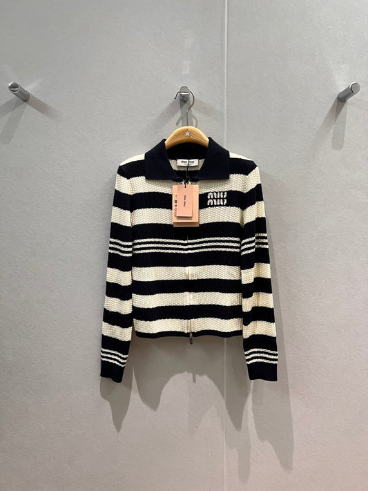 Colorblock striped lapel knit cardigan