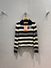 Colorblock striped lapel knit cardigan