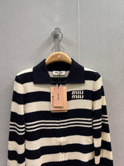 Colorblock striped lapel knit cardigan