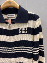 Colorblock striped lapel knit cardigan