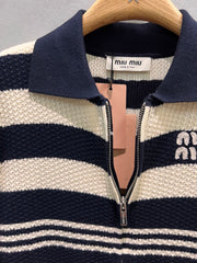 Colorblock striped lapel knit cardigan