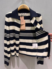 Colorblock striped lapel knit cardigan