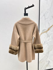 Fur collar, pocket mid-length sweater