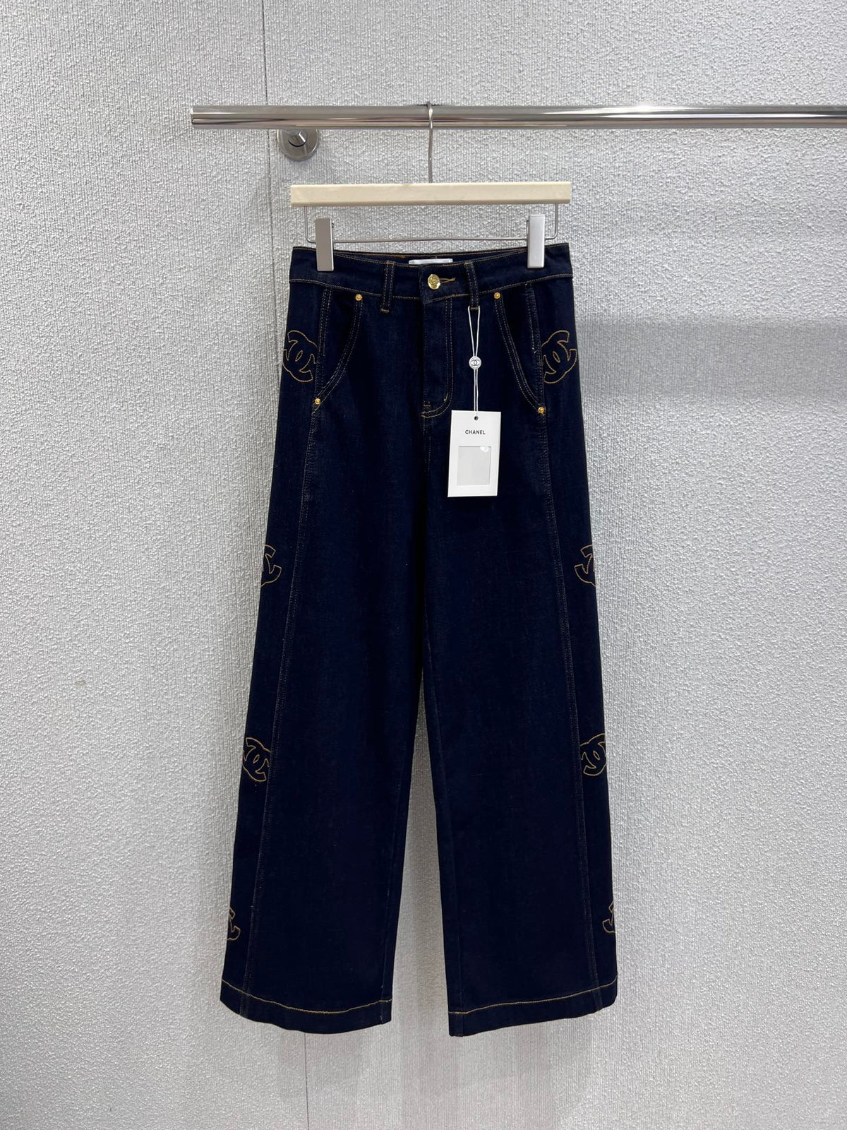 Side Embroidered Vintage Washed Denim Pants