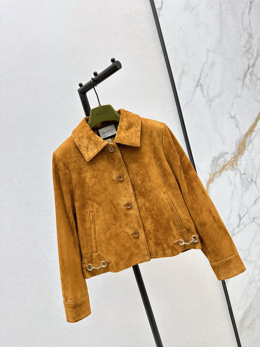Suede lapel leather jacket with horseshoe buckle detailing