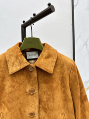 Suede lapel leather jacket with horseshoe buckle detailing